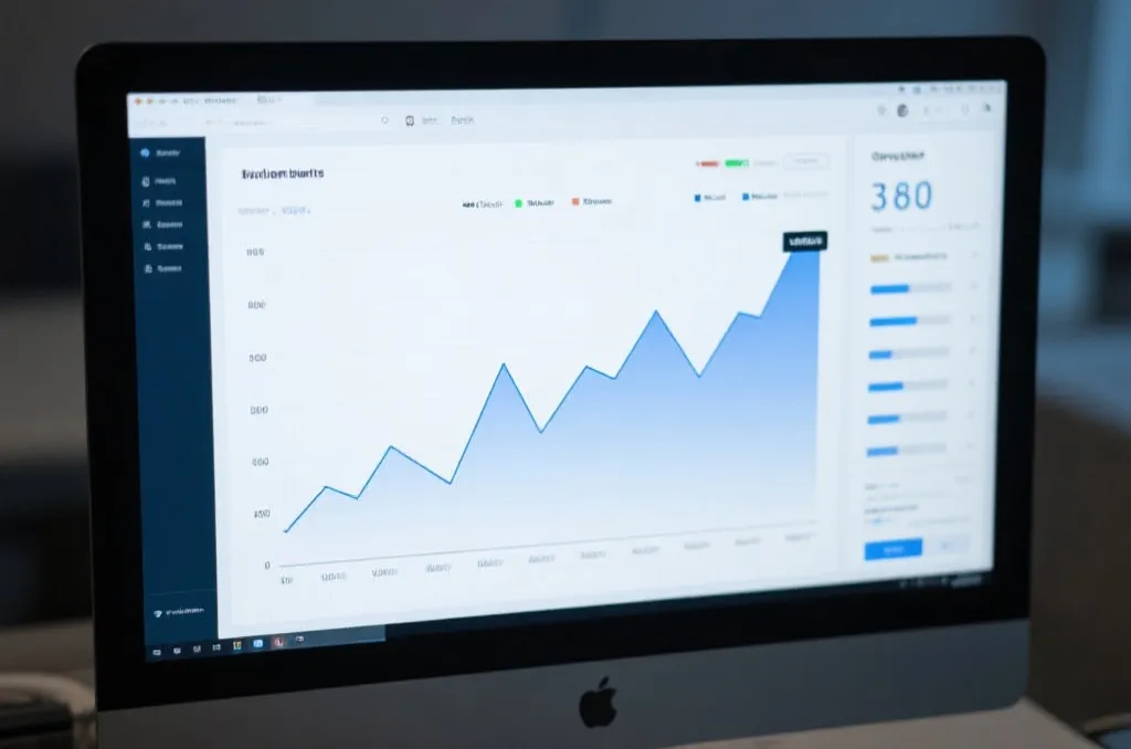 A beautiful data visualization line chart on a computer monitor, showing trends and analytics